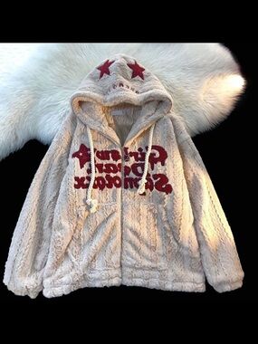 Cozy Cream Fleece Hoodie with Red Star Accents